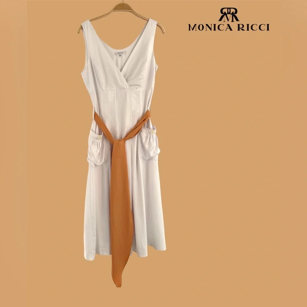 🛍️SALE🛍️ Monica Ricci White V-Neck Sleeveless Midi Dress with Tan Waist Sash - Picture 2 of 8